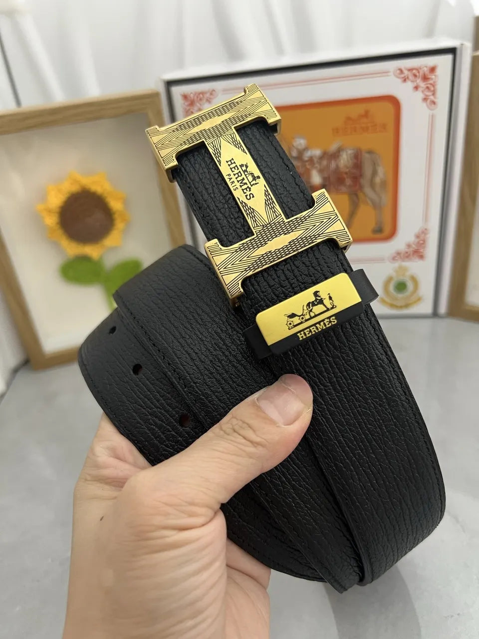 gold silver Hermes Black Leather Belt - Hình 2