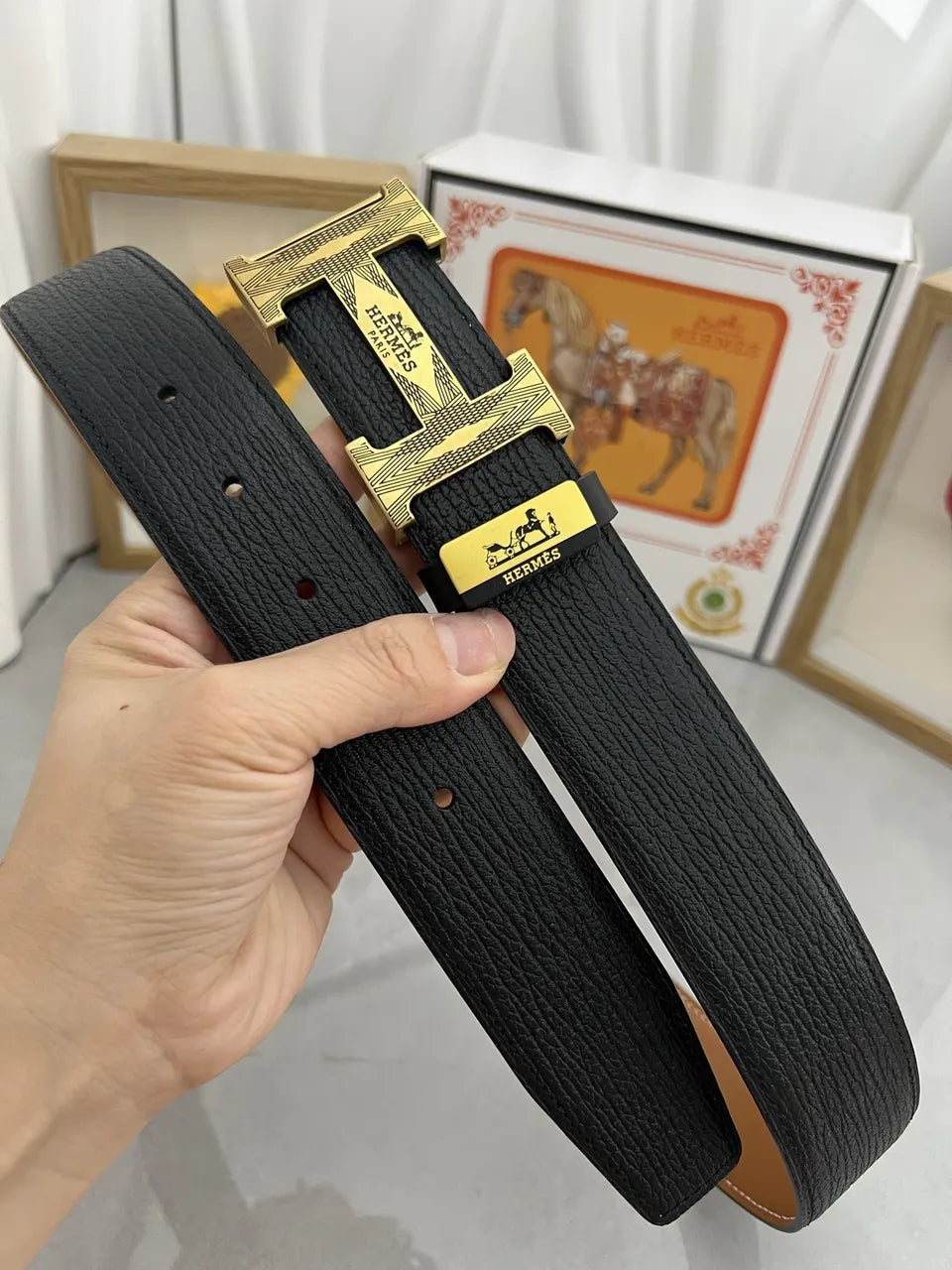 gold silver Hermes Black Leather Belt - Hình 4