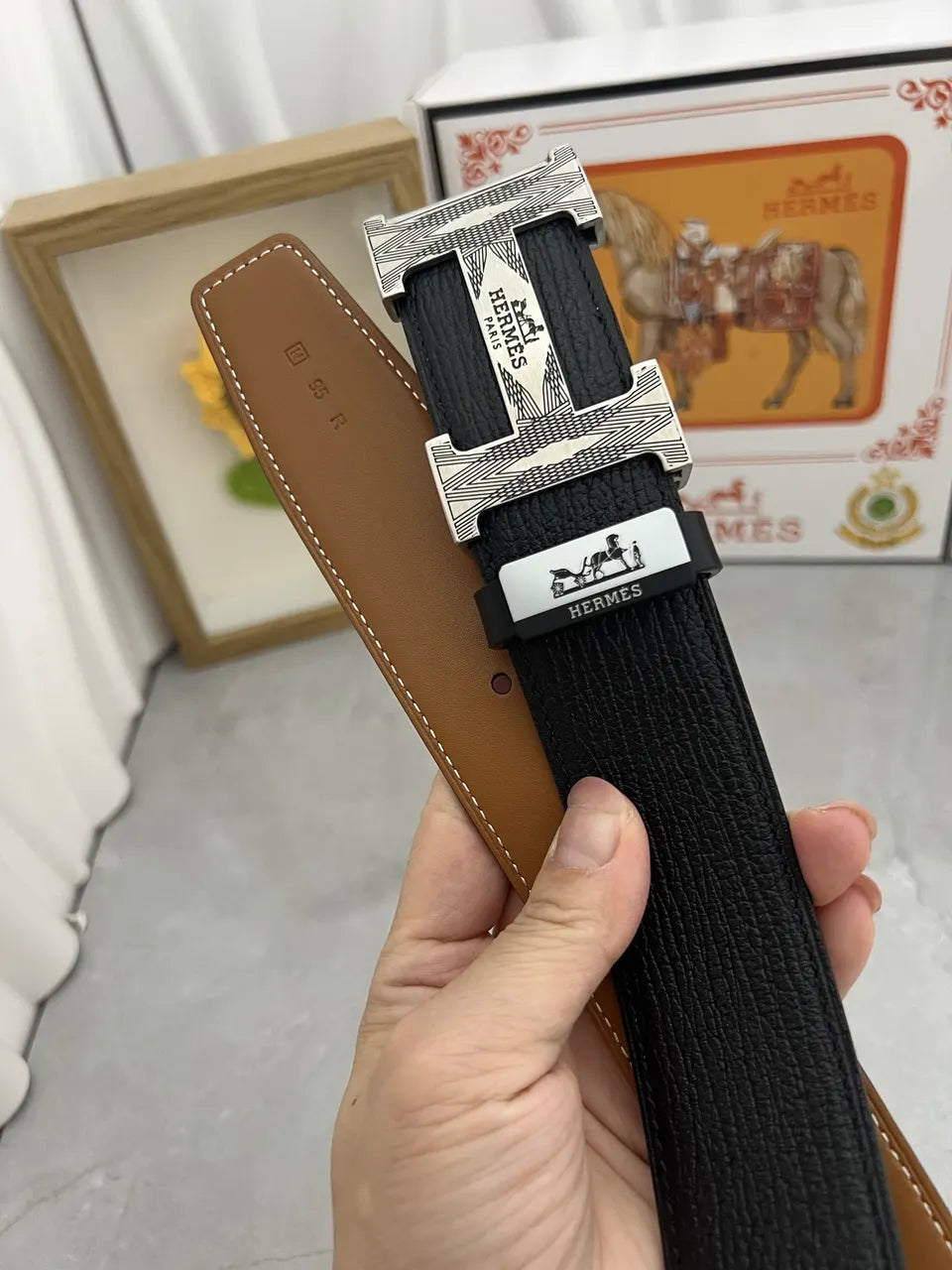 gold silver Hermes Black Leather Belt - Hình 7