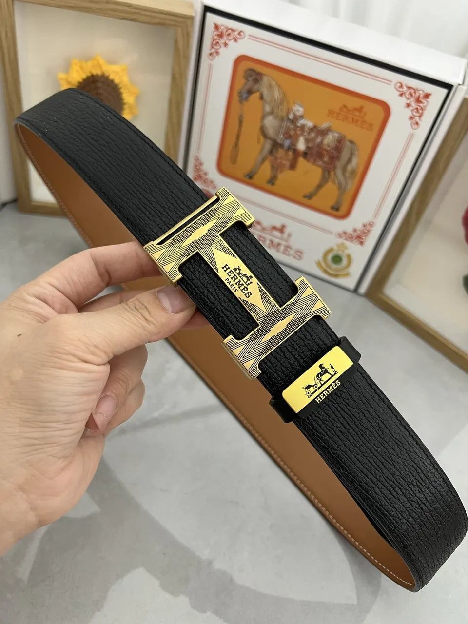 Hermes Black Grain Leather Belt gold - Hình 3