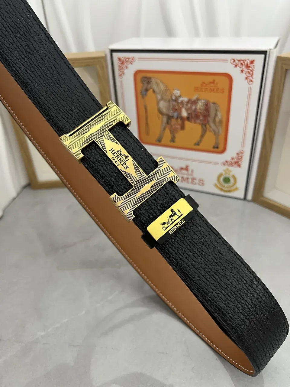 Hermes Black Grain Leather Belt gold - Hình 4