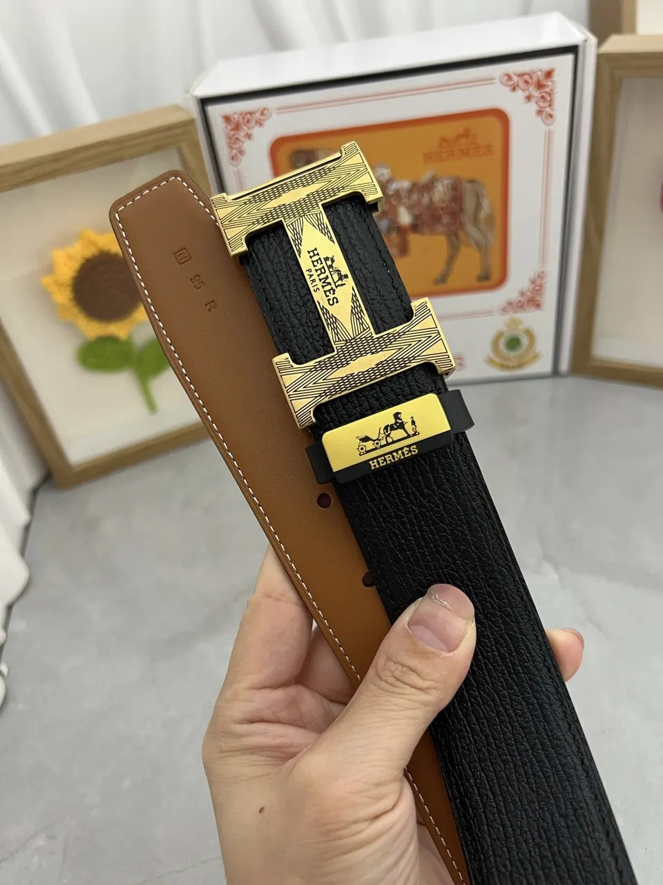 Hermes Black Grain Leather Belt gold - Hình 5