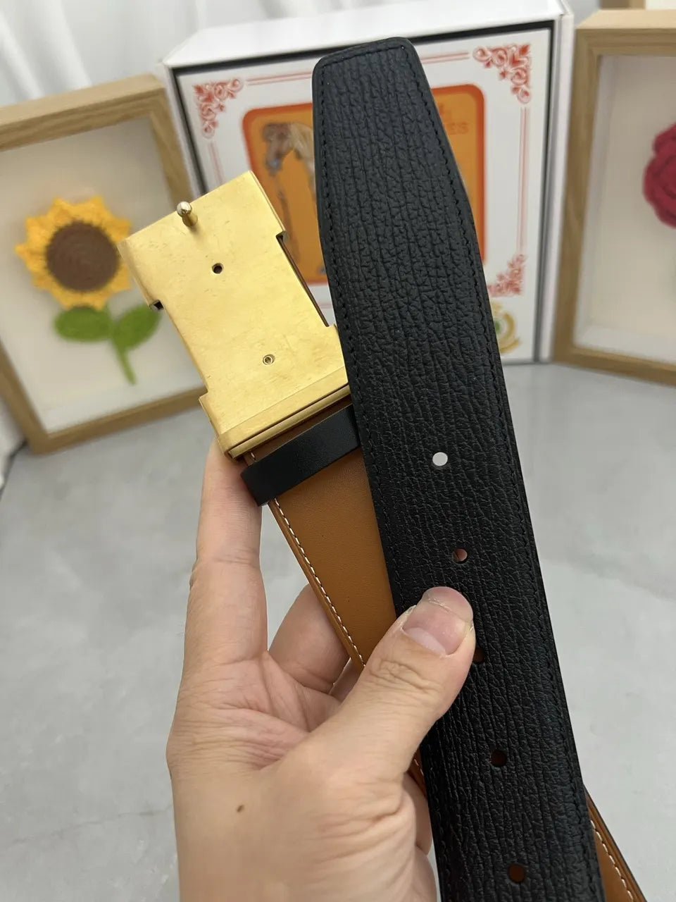 Hermes Black Grain Leather Belt gold - Hình 6