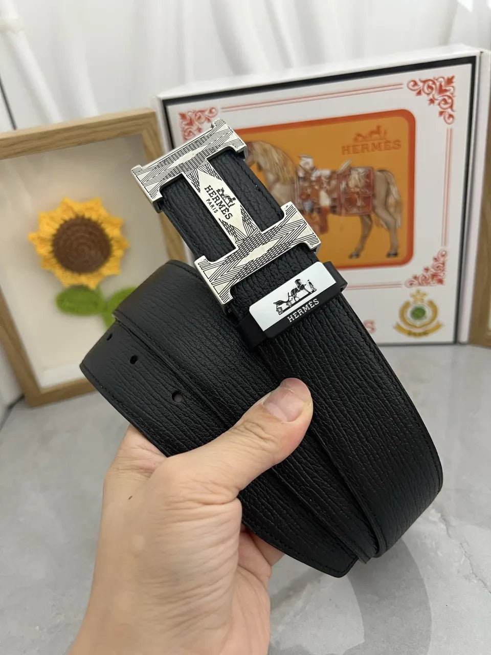 silver Hermes Textured Black Leather Belt