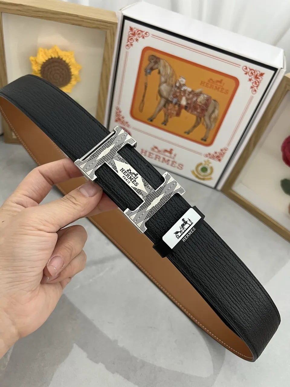 silver Hermes Textured Black Leather Belt - Hình 3