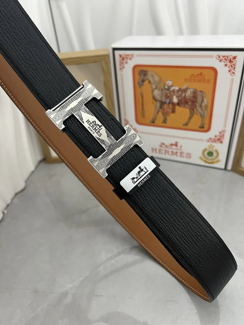 silver Hermes Textured Black Leather Belt - Hình 4