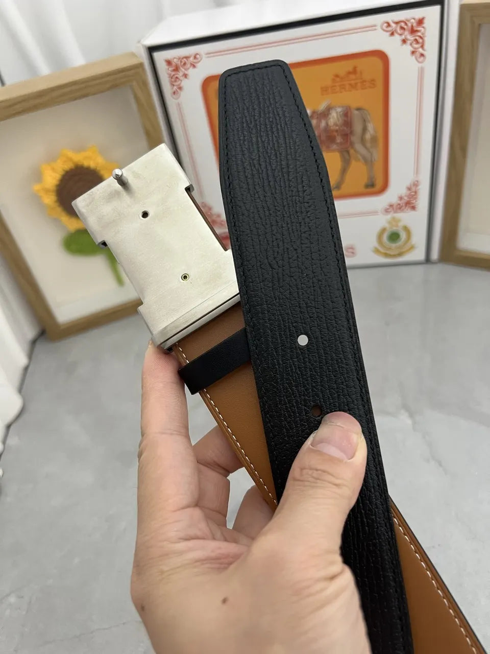 silver Hermes Textured Black Leather Belt - Hình 6