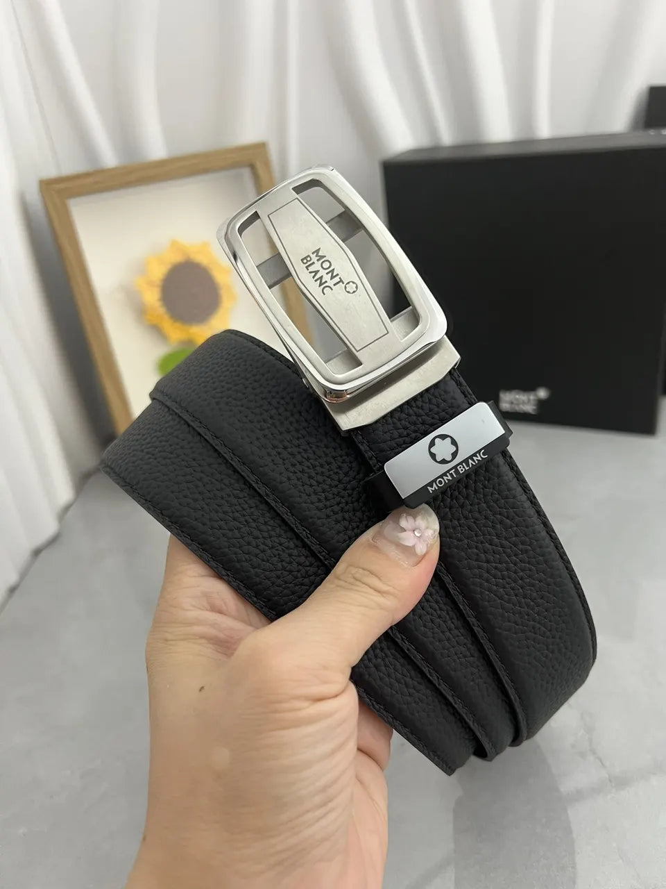 silver Montblanc Black Leather Belt - Hình 2
