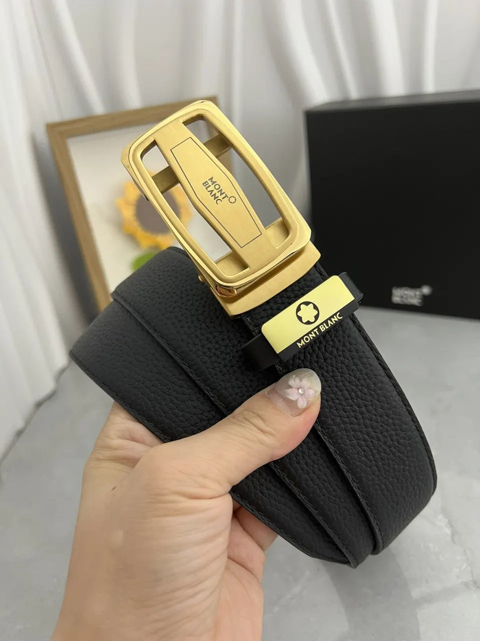 silver Montblanc Black Leather Belt - Hình 3