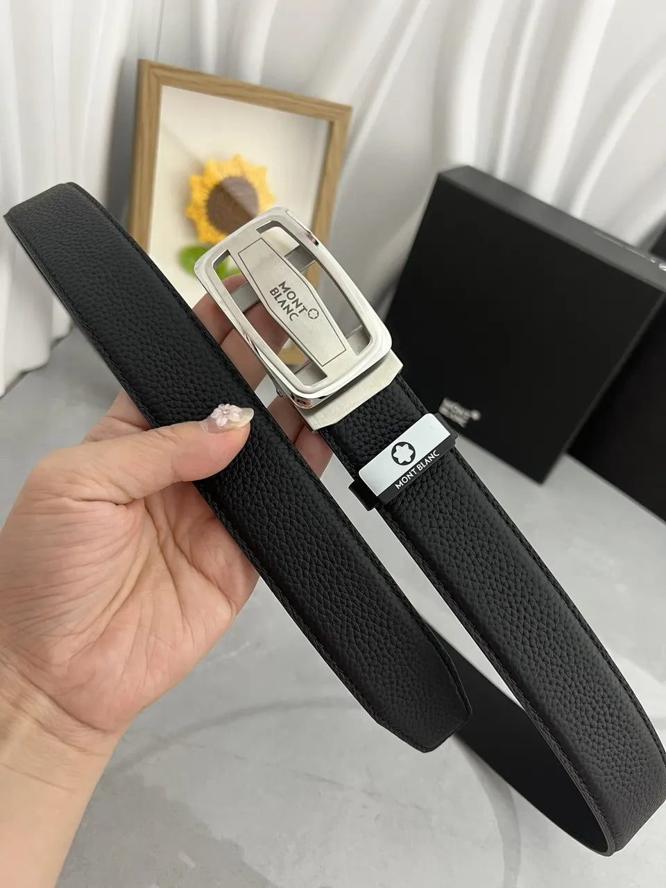 silver Montblanc Black Leather Belt - Hình 4