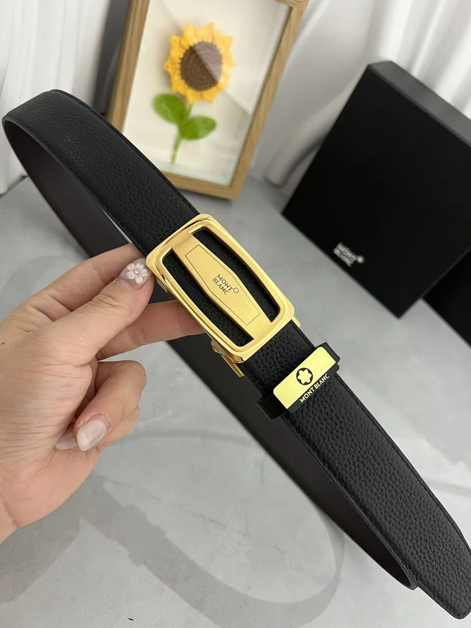 silver Montblanc Black Leather Belt - Hình 6