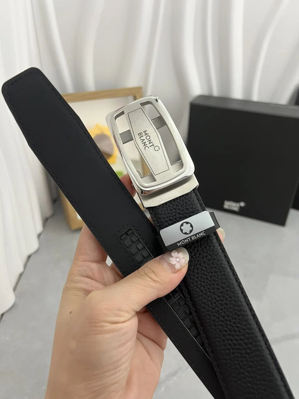 silver Montblanc Black Leather Belt - Hình 7