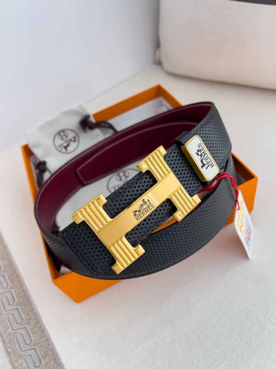 Hermes Perforated Black Leather Belt