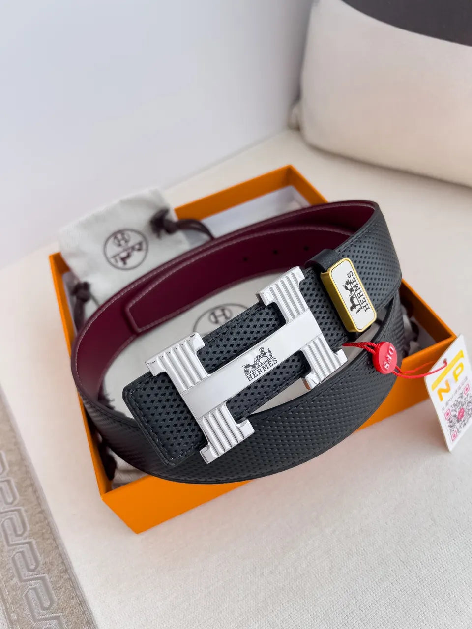 Hermes Perforated Black Leather Belt - Hình 2