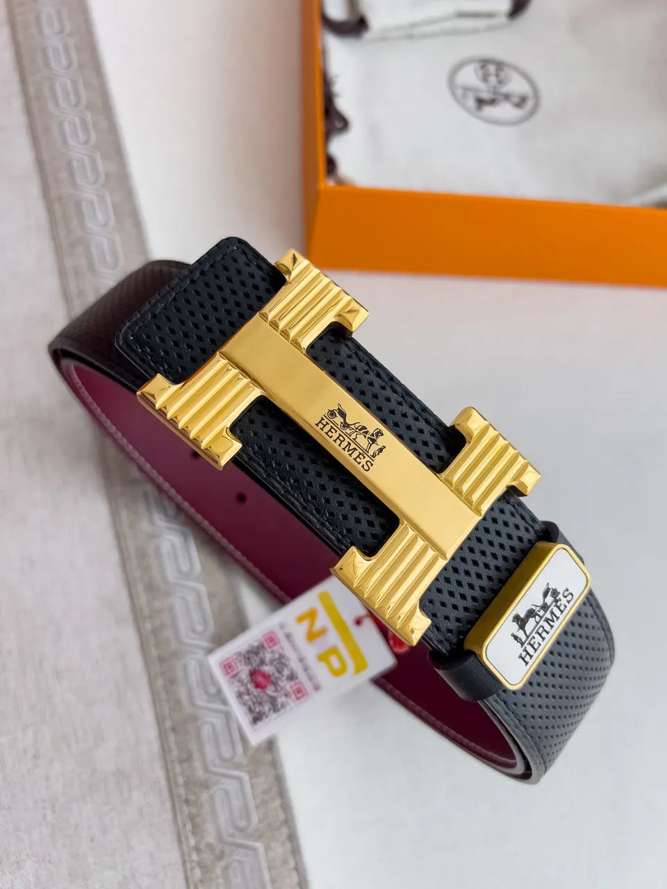 Hermes Perforated Black Leather Belt - Hình 4