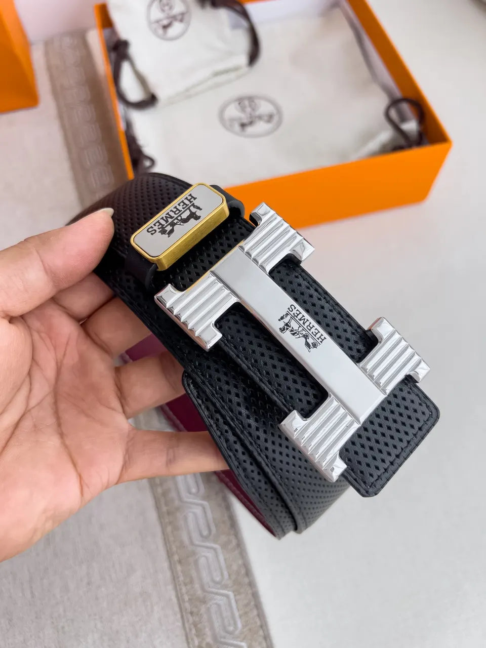 Hermes Black Perforated Leather Belt - Hình 5