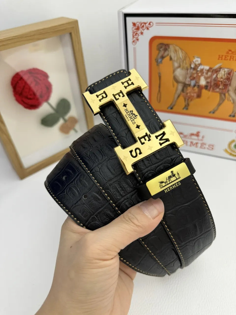 Hermes Alligator Black Leather Belt