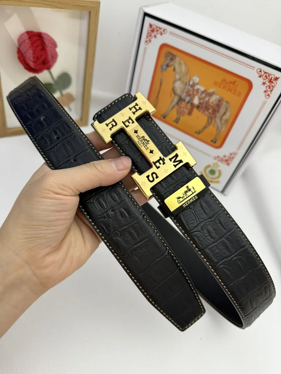 Hermes Alligator Black Leather Belt - Hình 2