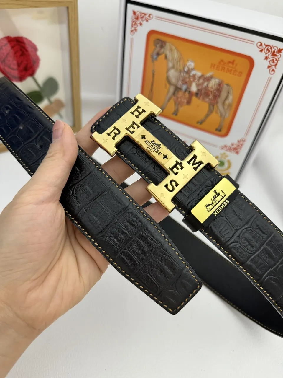 Hermes Alligator Black Leather Belt - Hình 3