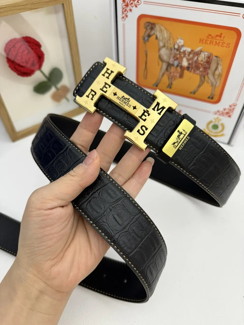 Hermes Alligator Black Leather Belt - Hình 4