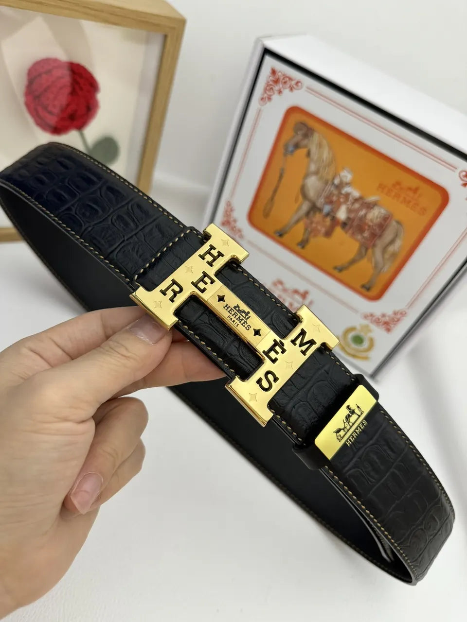Hermes Alligator Black Leather Belt - Hình 5