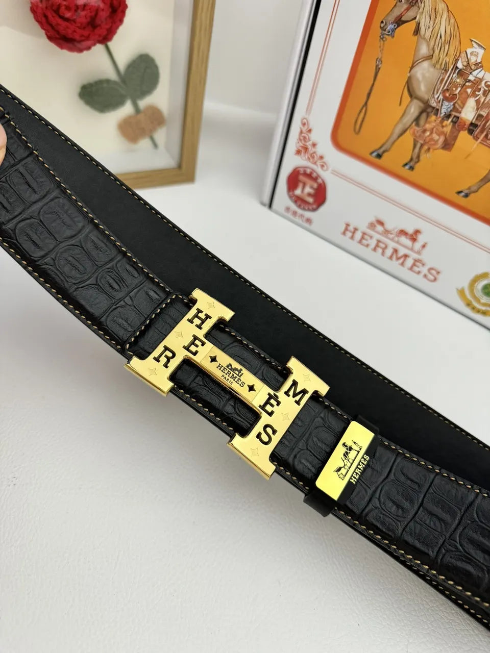 Hermes Alligator Black Leather Belt - Hình 6