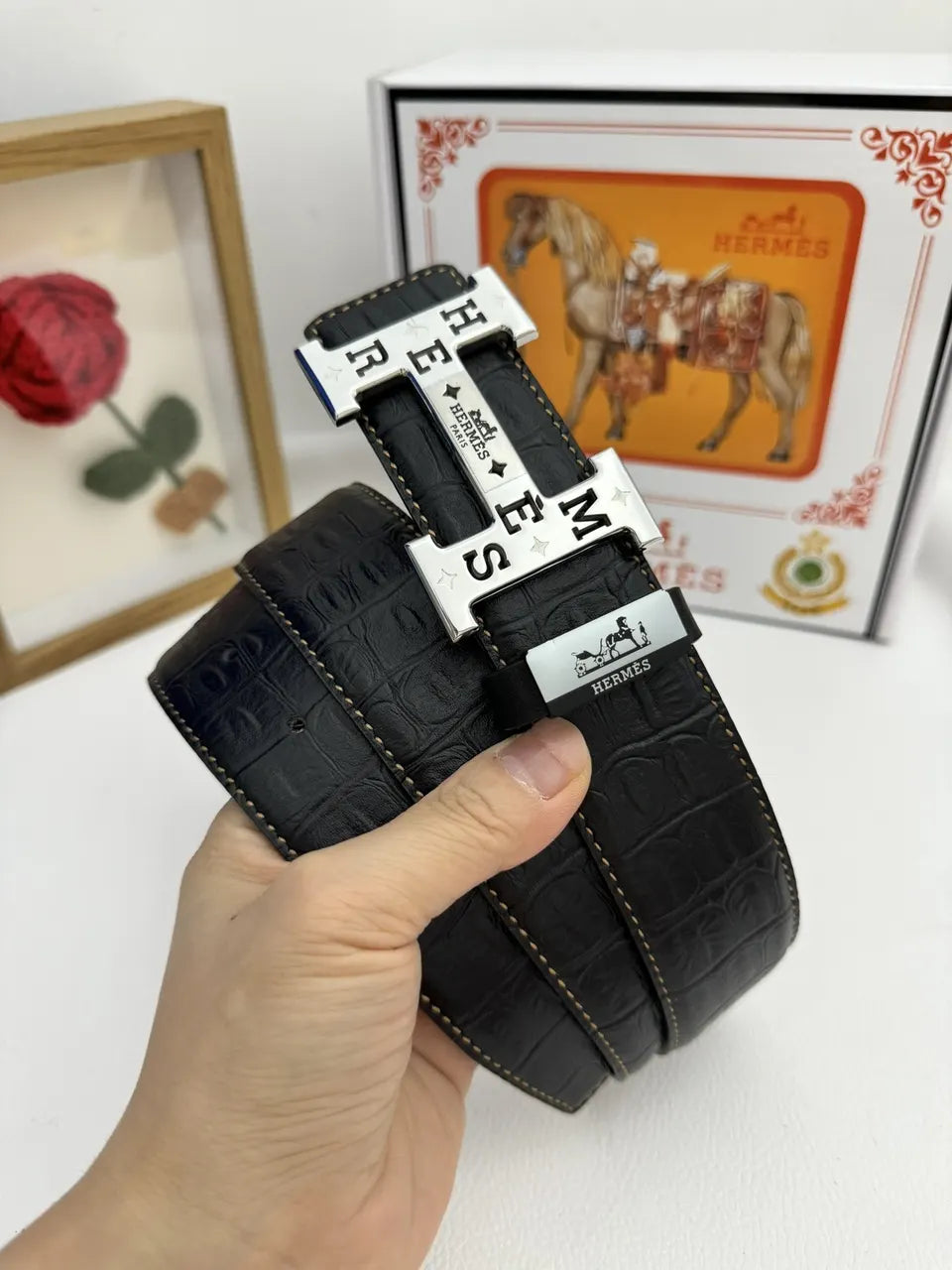 Hermes Black Croc Leather Belt