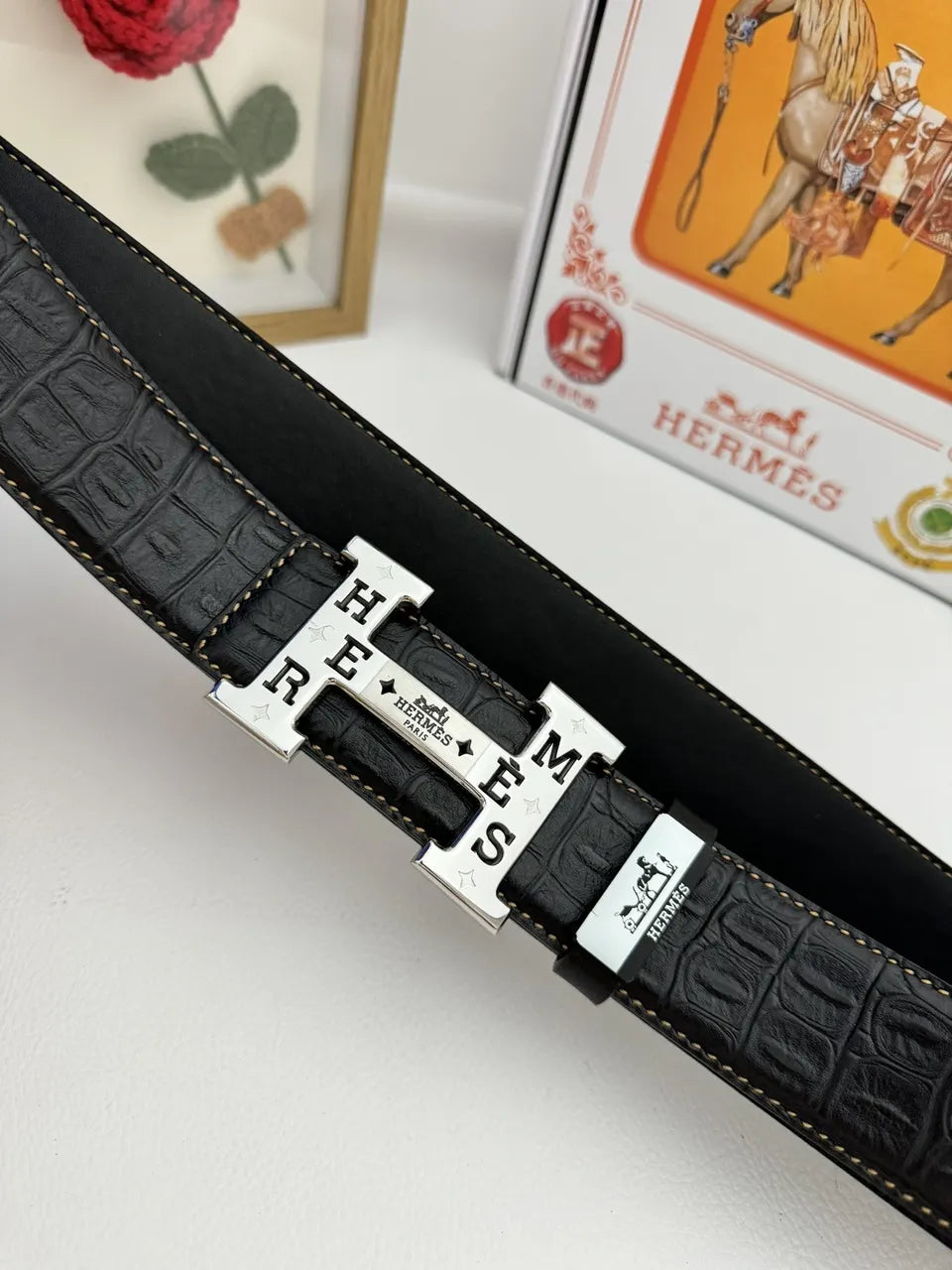 Hermes Black Croc Leather Belt - Hình 4