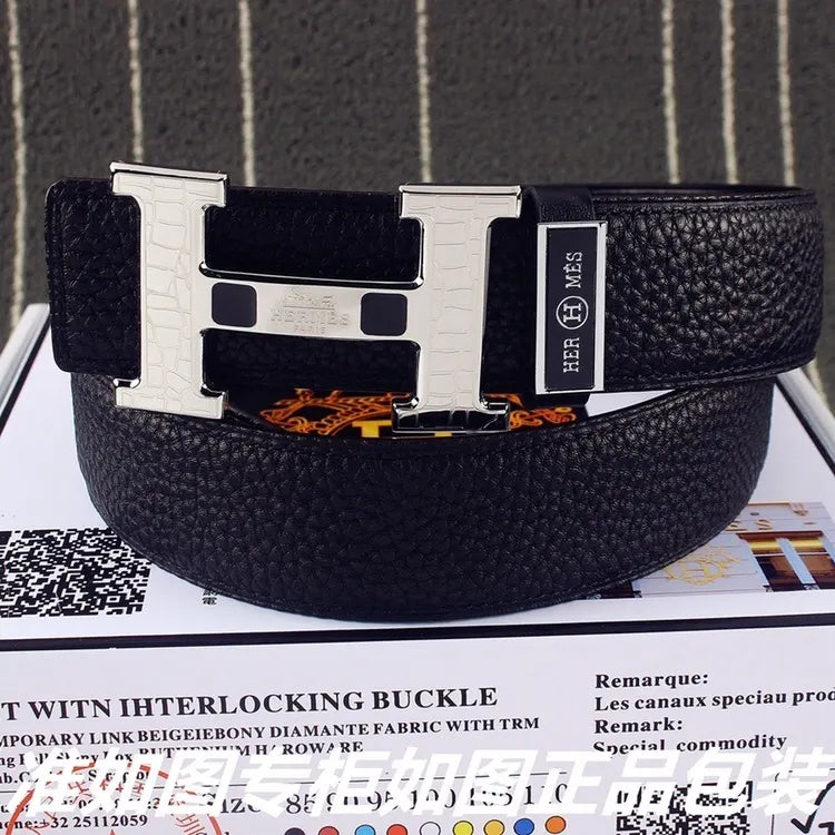 Hermes Black Leather Silver 'H' Buckle Belt