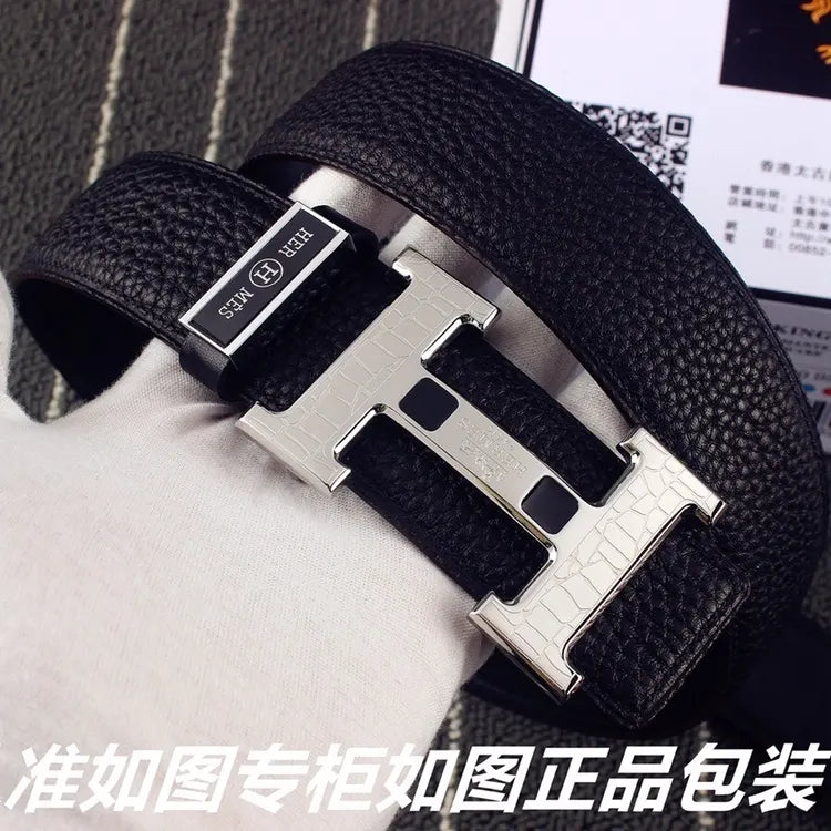 Hermes Black Leather Silver 'H' Buckle Belt - Hình 2
