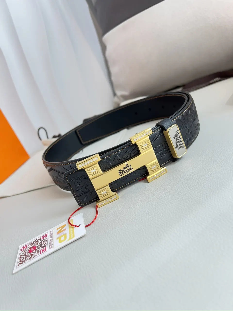 rhinestone Hermes Black Embossed Leather Belt - Hình 2
