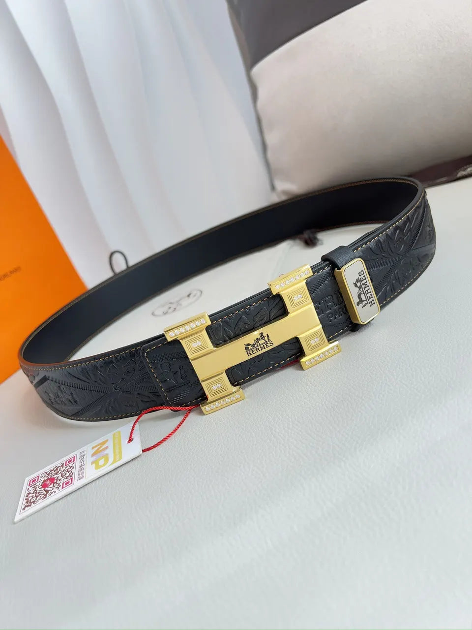 rhinestone Hermes Black Embossed Leather Belt - Hình 4