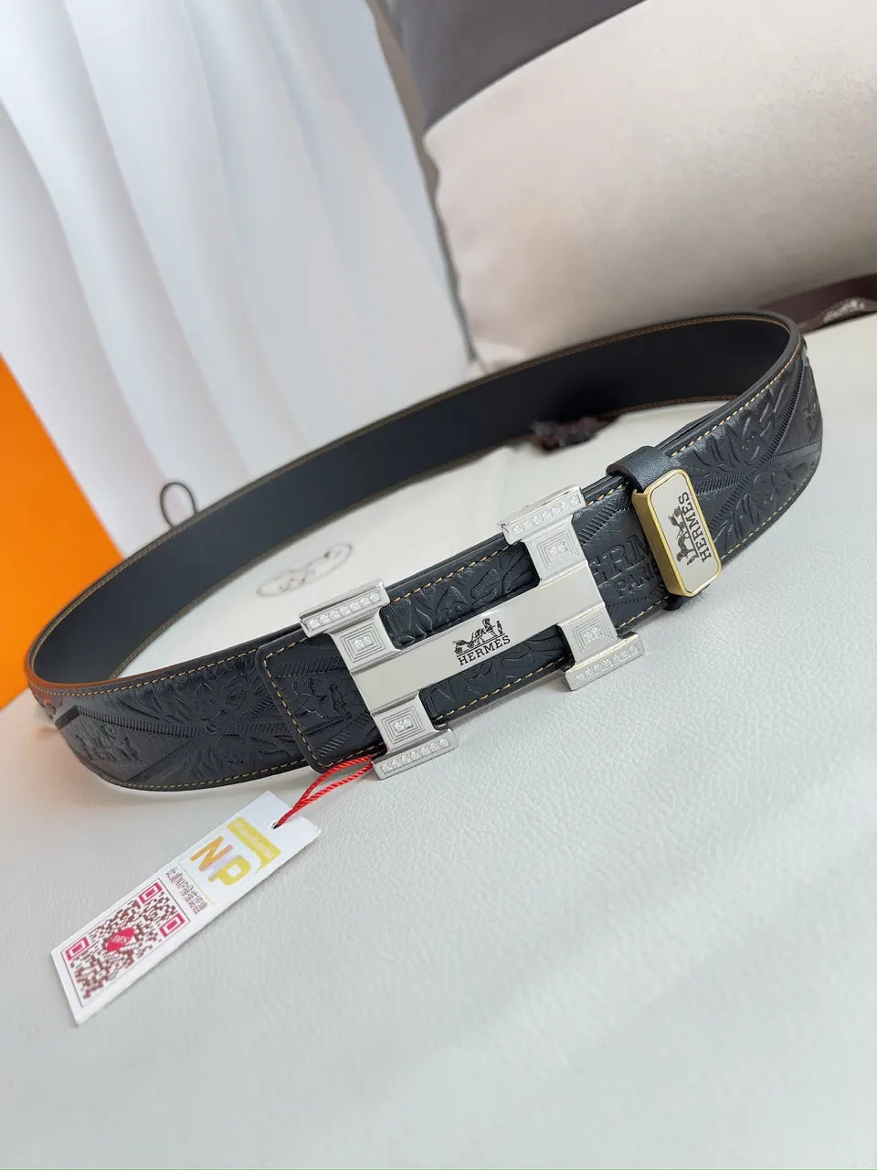 rhinestone Hermes Black Embossed Leather Belt - Hình 5