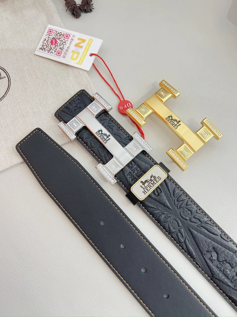 rhinestone Hermes Black Embossed Leather Belt - Hình 6