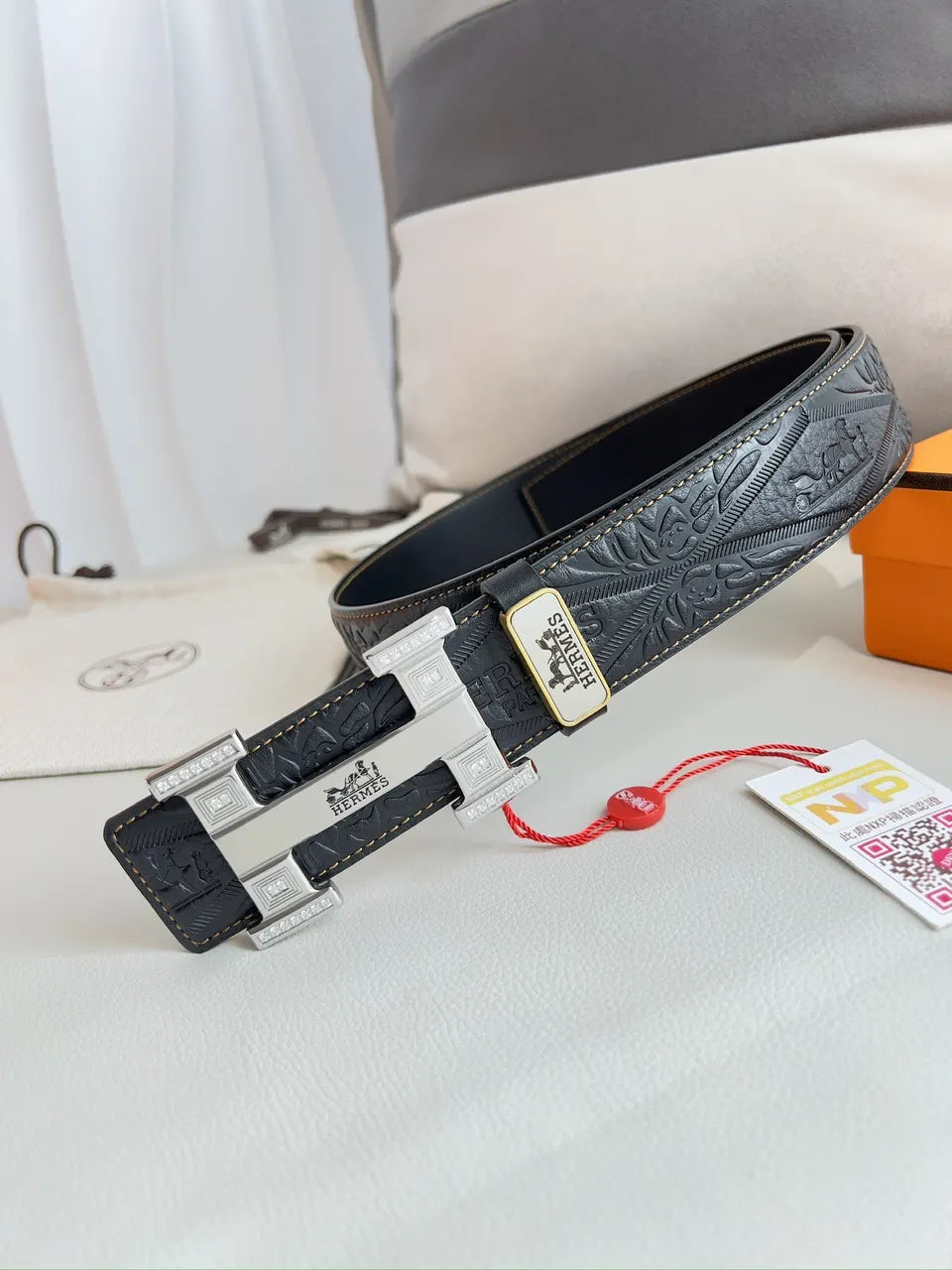 leather Hermes Black Embossed Belt