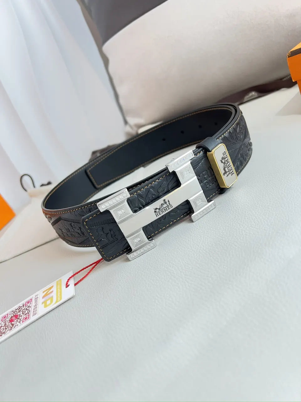 leather Hermes Black Embossed Belt - Hình 2