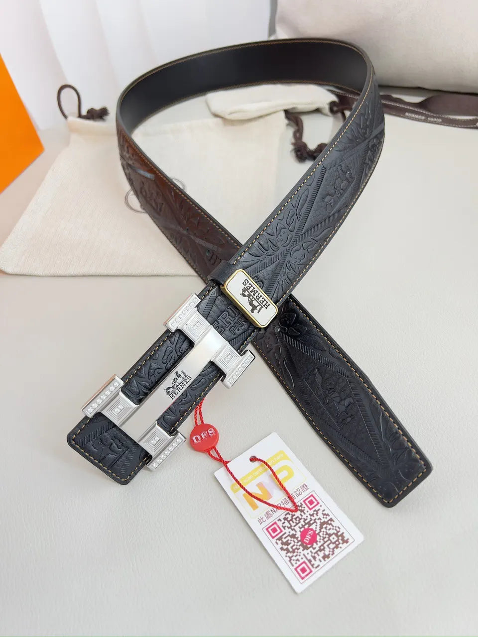 leather Hermes Black Embossed Belt - Hình 4