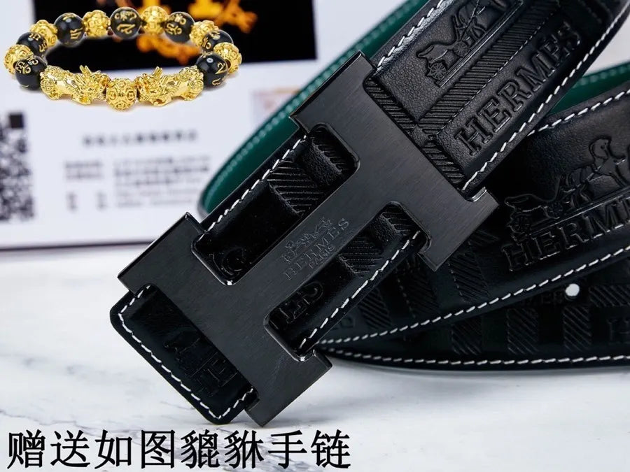matte Hermes Black Embossed Leather Belt