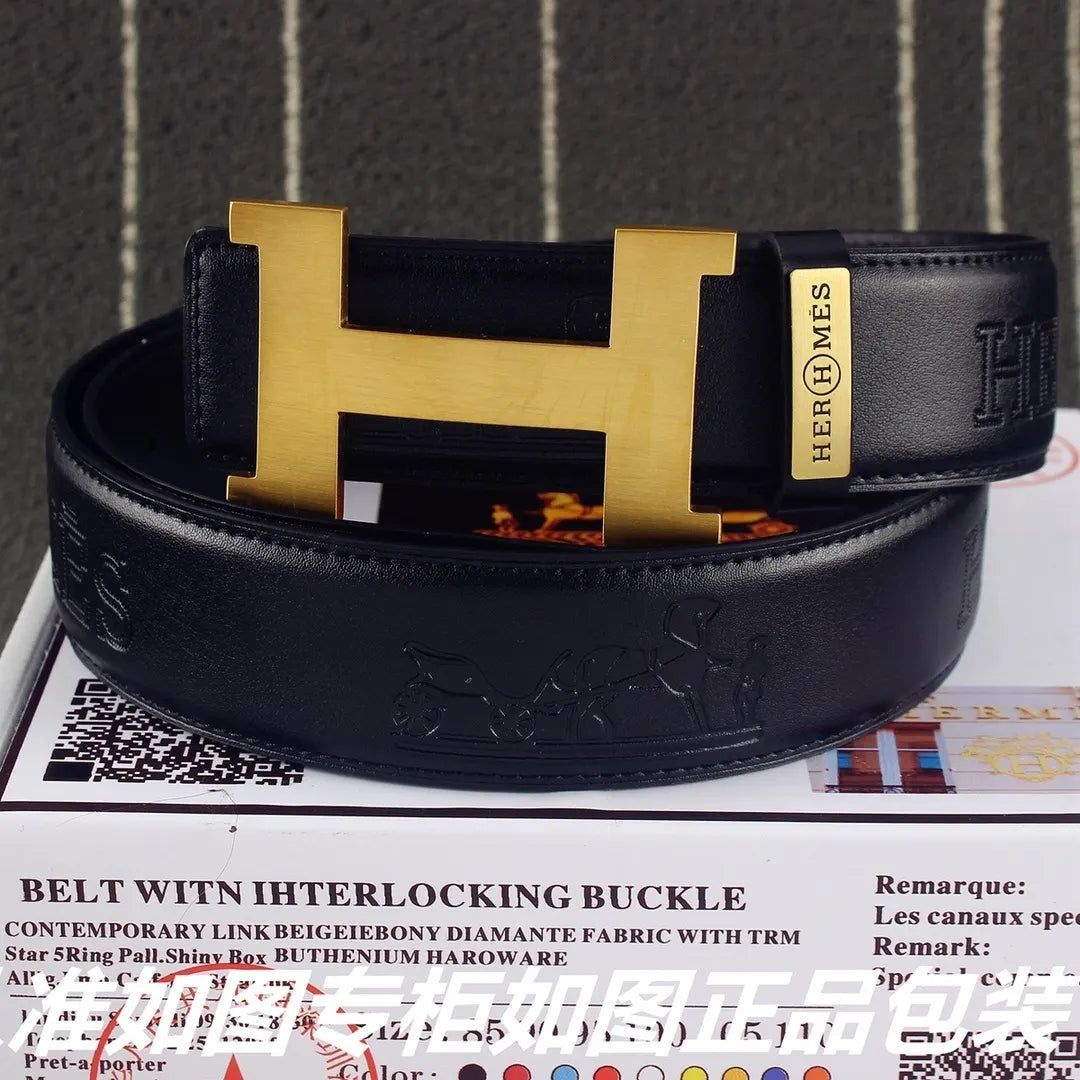 gold Hermes Black Embossed Leather Belt