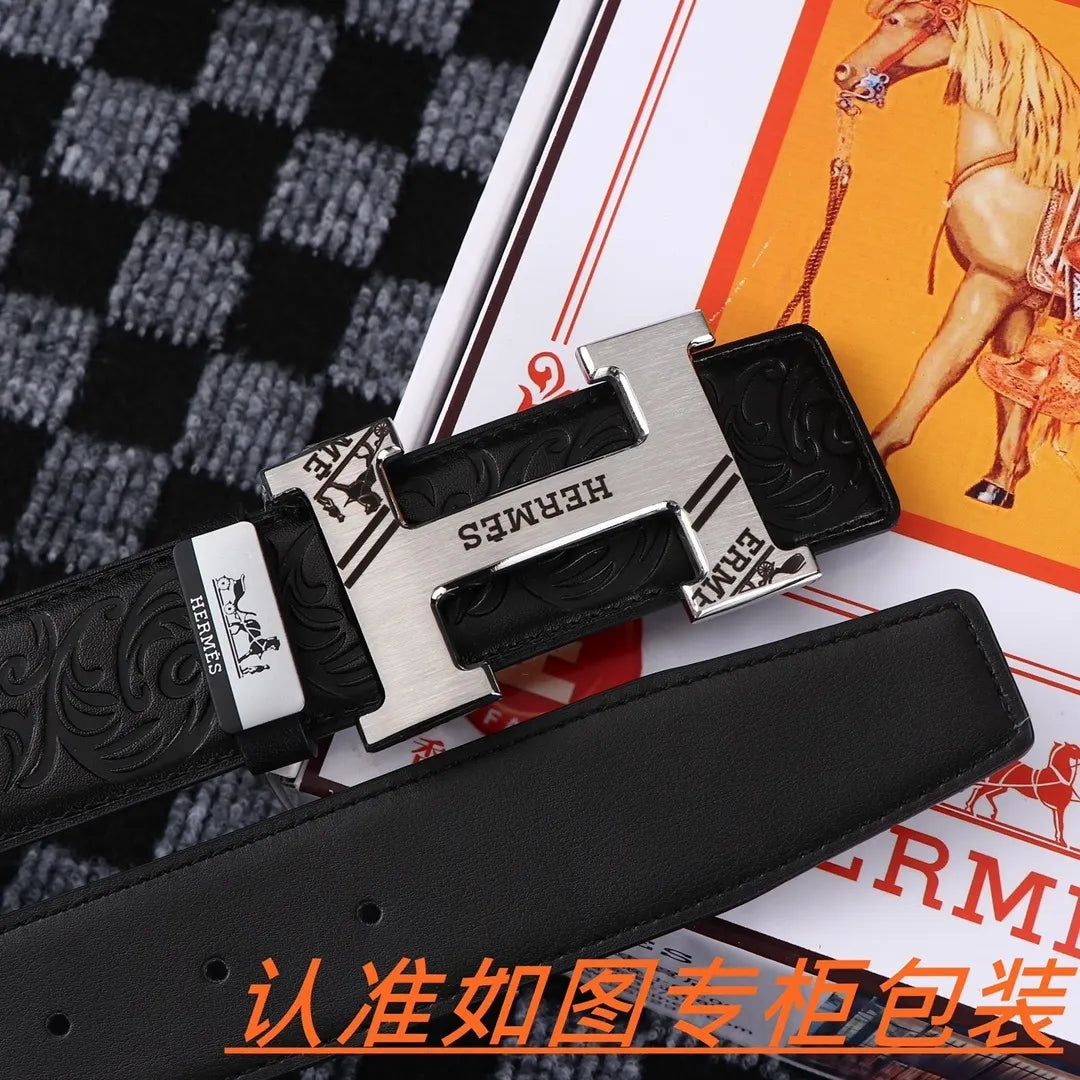 silver Hermes Black Embossed Leather Belt