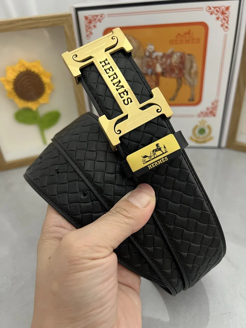 Hermes Black Woven Leather Belt - Hình 2