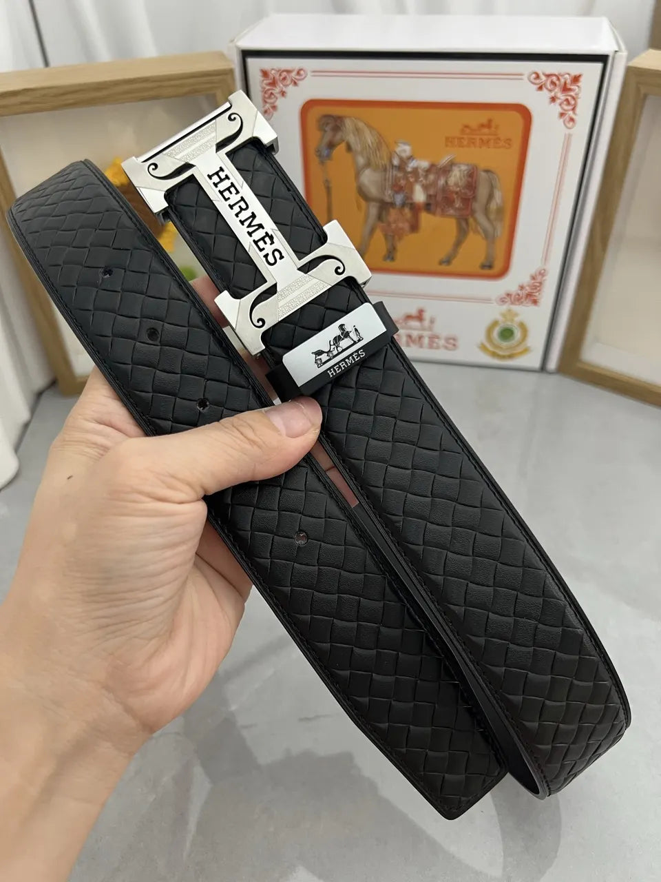 Hermes Black Woven Leather Belt - Hình 5