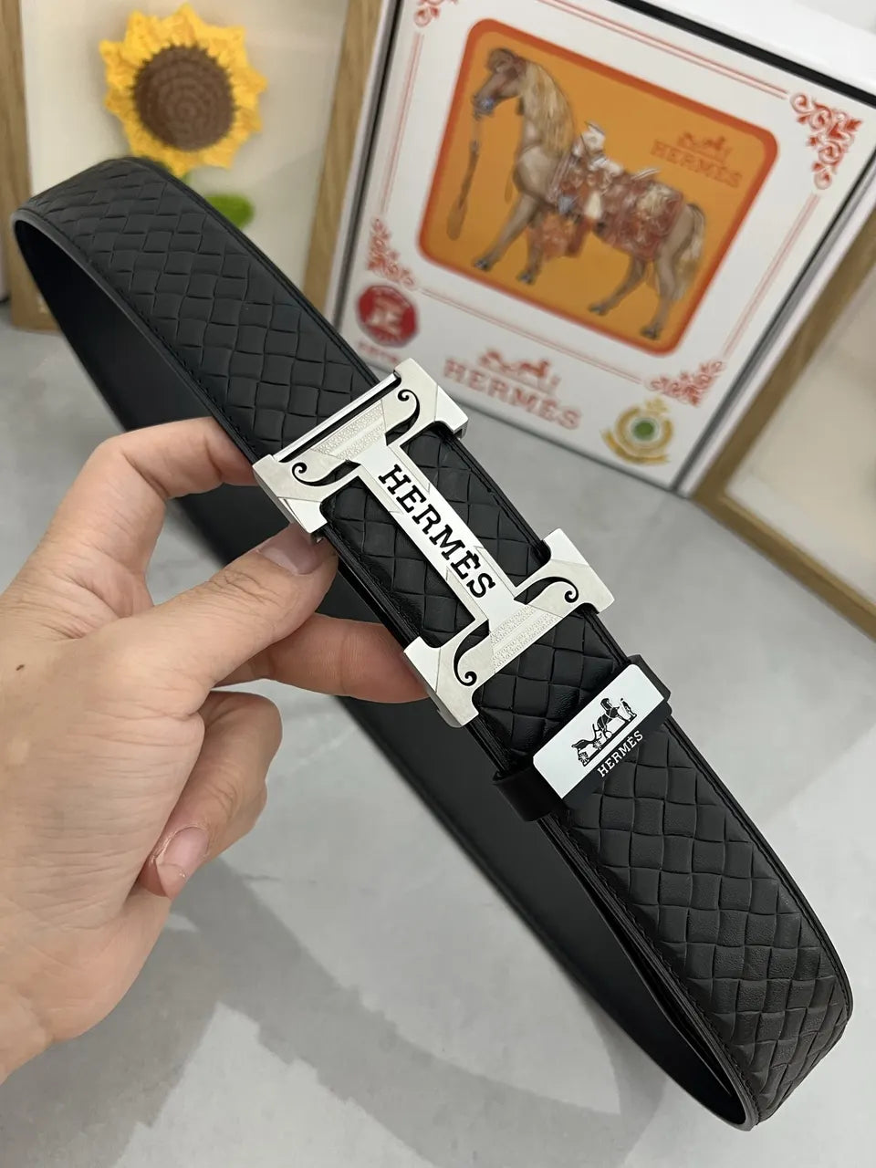 Hermes Black Woven Leather Belt - Hình 7