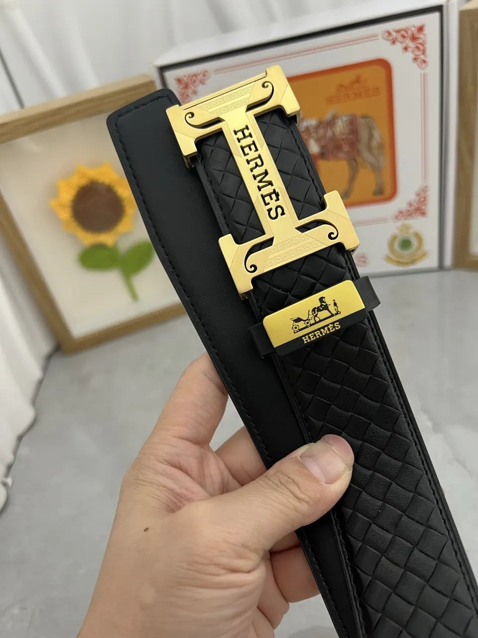 Hermes Black Woven Leather Belt - Hình 8
