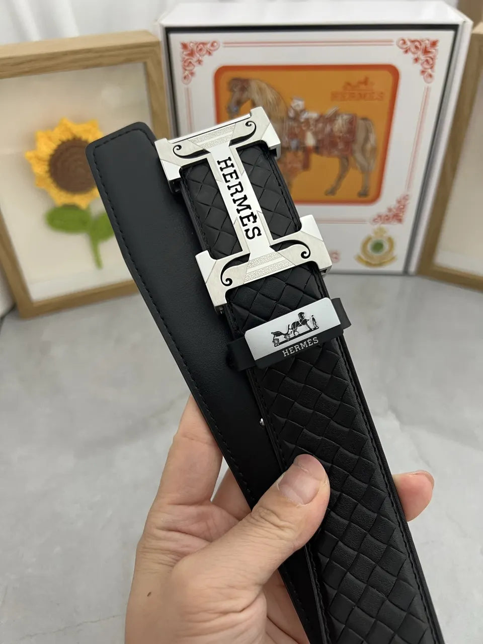 Hermès Black Woven Leather Belt - Hình 5
