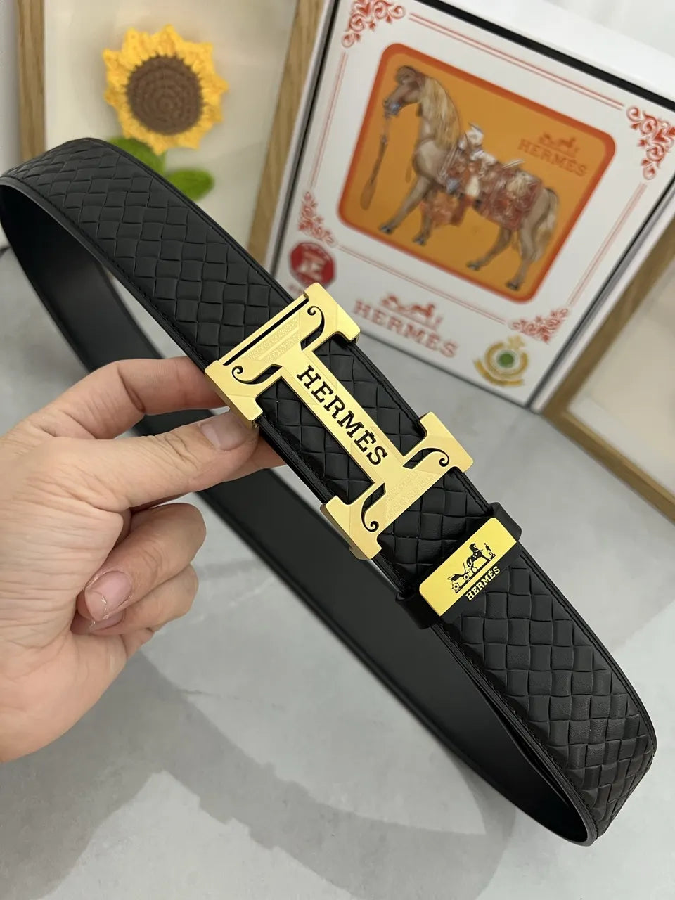 Hermes Black Woven Leather Belt - Hình 3