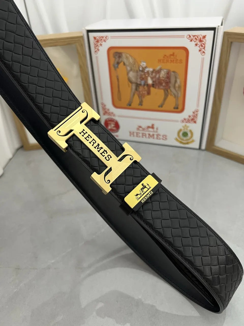 Hermes Black Woven Leather Belt - Hình 4