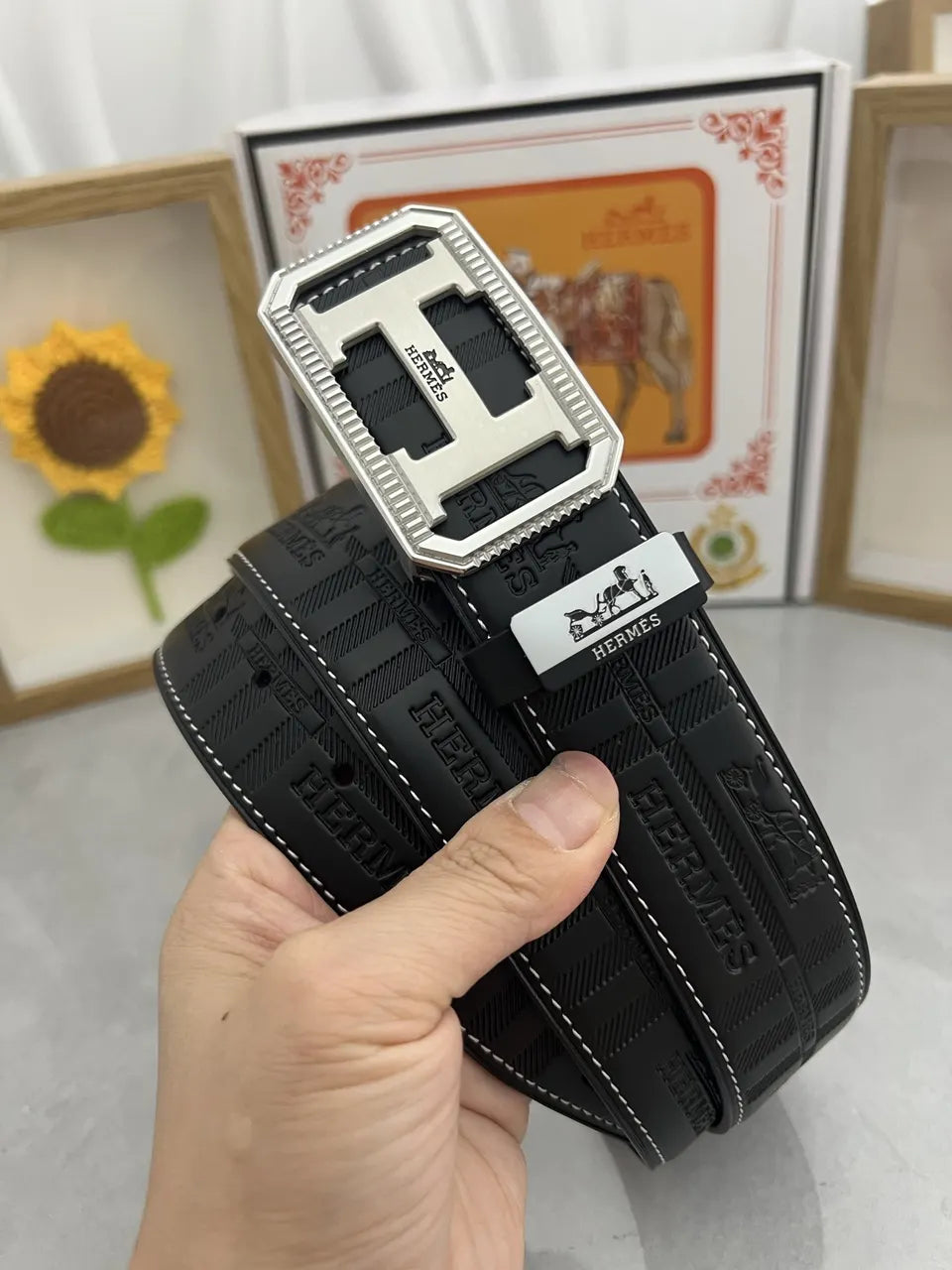 Hermes Black Embossed Leather Belt