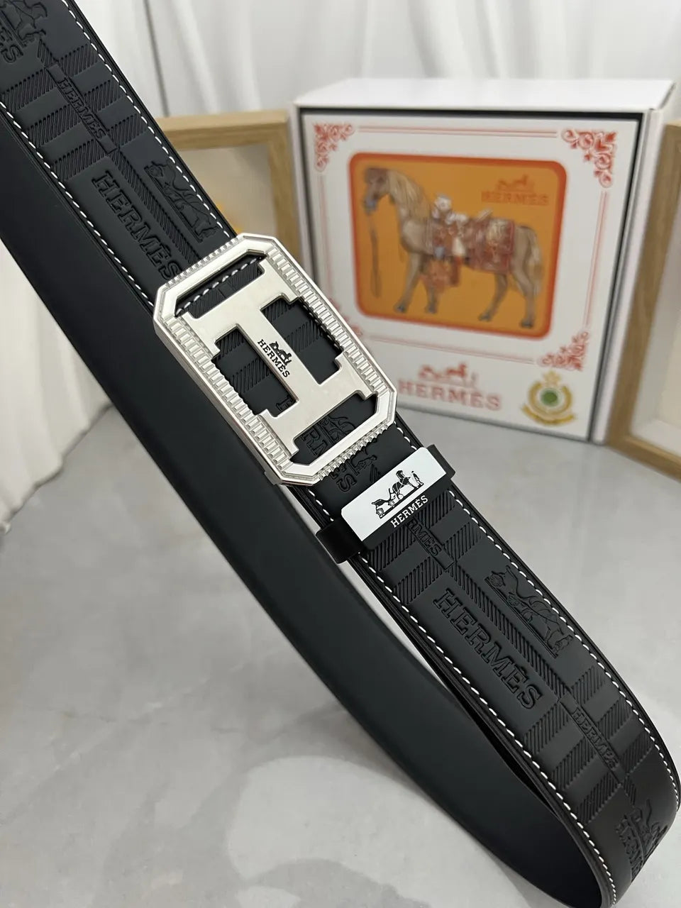 premium Hermes Black Leather Belt Silver Buckle - Hình 2
