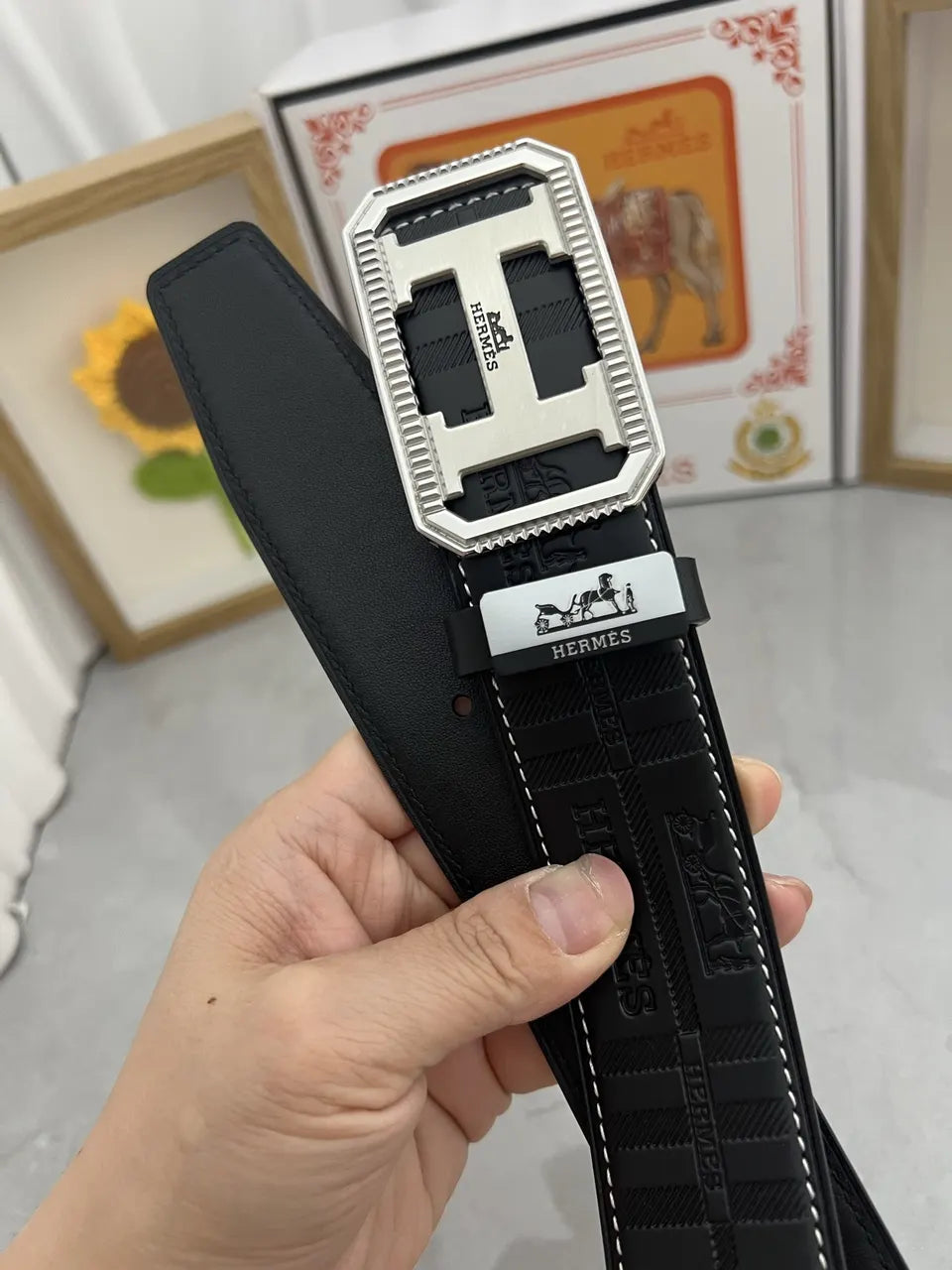 premium Hermes Black Leather Belt Silver Buckle - Hình 3